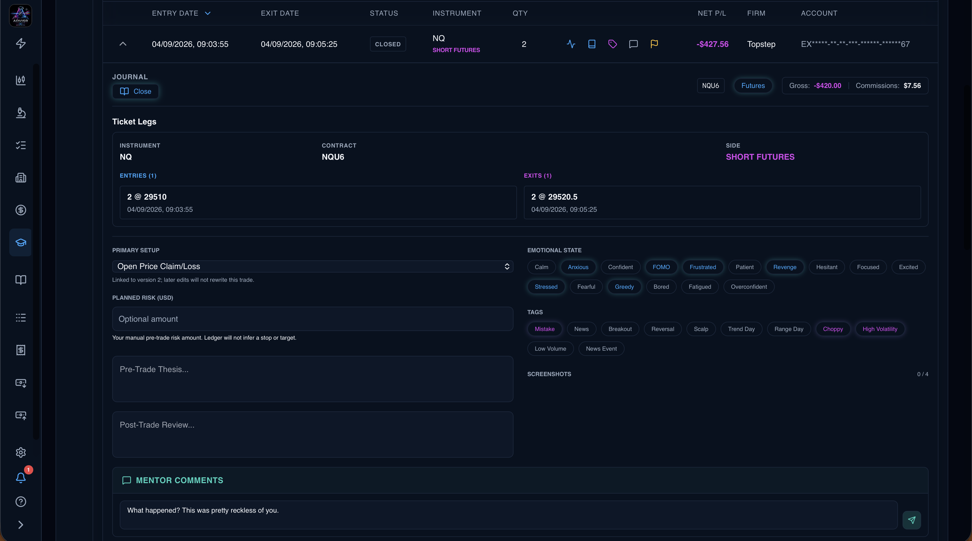 An expanded trade journal with fills, setup, emotions, tags, note fields, and a mentor comment being prepared.