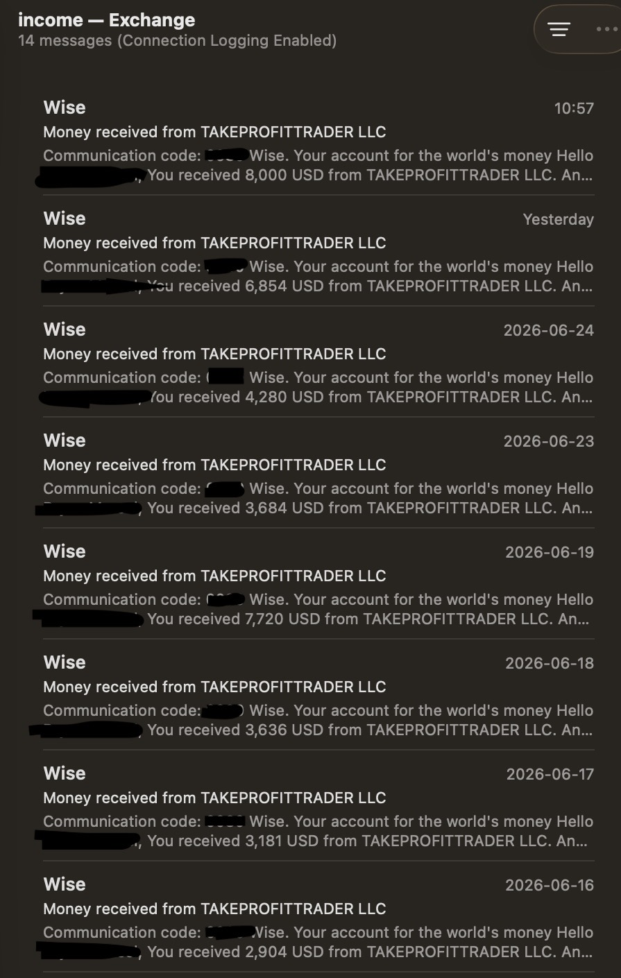 Eight redacted Wise payment notifications from Take Profit Trader