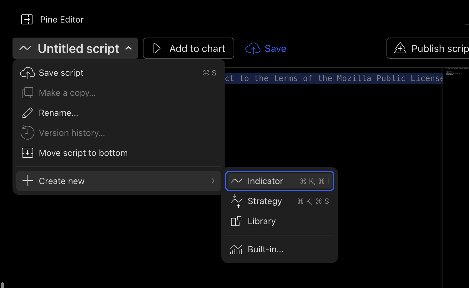 Pine Editor script-name menu showing Create new and Indicator