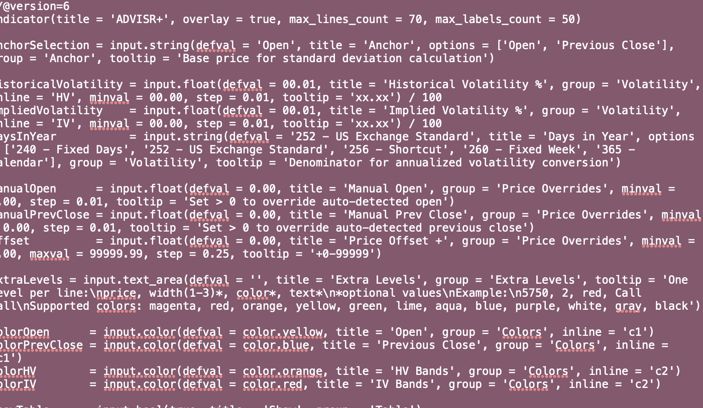 ADVISR Plus Pine Script selected in the supplied script file
